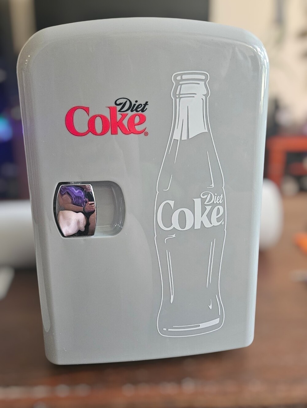 Coca-Cola Mini Fridge — Light Gray with White and Black Label With Cord.